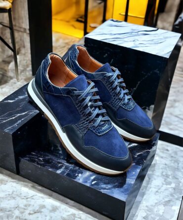 Кросівки із замші та шкіри сині Jonny