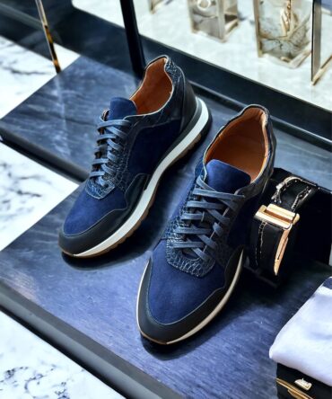 Кросівки із замші та шкіри сині Jonny